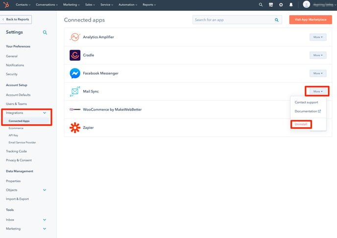 HubSpot-Uninstall-Mailsync-APP_Integrations_Home
